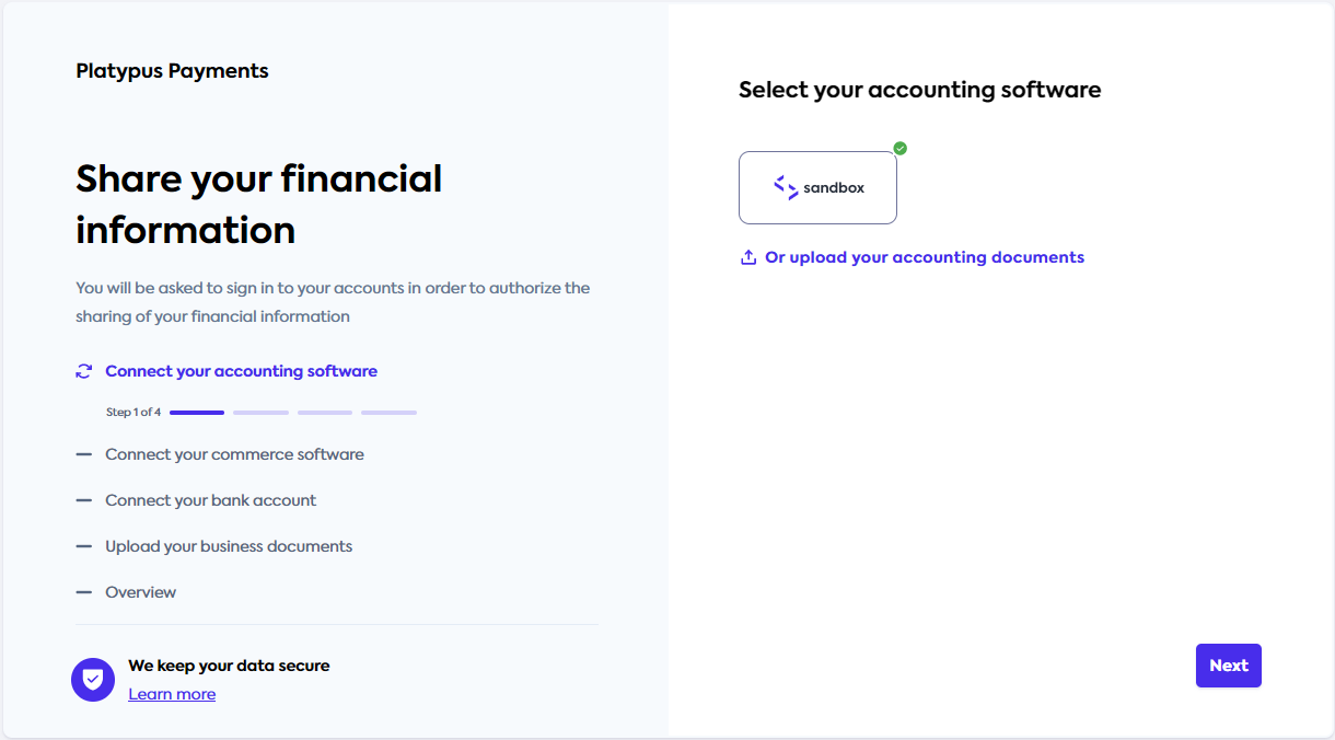 Link flow step connecting to Codat Sandbox for accounting data. Sandbox integration is selected